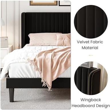 SHA CERLIN Queen Size Velvet Bed Frame with Vertical Channel Tufted Wingback Headboard, Upholstered Platform Bed with Wood Slats, No Box Spring Needed, Easy Assembly, Black - Image 7