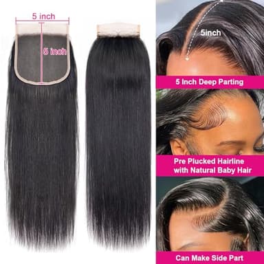 5x5 Transparent HD Lace Closure Silky Straight Human Hair Lace Closure Brazilian Virgin Remy Hair Invisible Lace Frontal Closure Pre Plucked Natural Black Color 16 Inch - Image 2