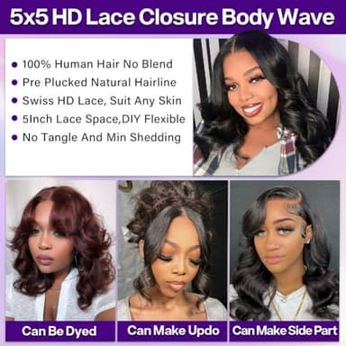 omswet Body Wave BOB Wig Human Hair 5X5 HD Lace Closure Wavy Wigs for Black Women Glueless Wear And Go Wigs Human Hair Pre Plucked Wavy Wig 200 Density Virgin Hair 14 Inch Glueless Body Wave Bob - Image 5