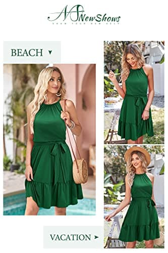 Newshows Women's 2025 Summer Dress Halter Casual Beach Vacation Outfits Hawaiian Dresses Ruffle Belted Sundress with Pockets(Dark Green, S) - Image 2