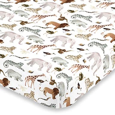 NoJo Water Color Jungle Friends Tan, Brown & Grey Fitted Super Soft Crib Sheet, Tan, Brown, Grey - Image 1