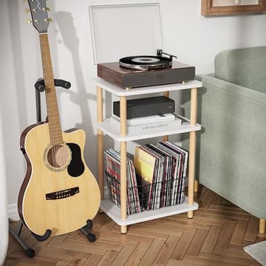 Apicizon 3 Tier Nightstand, End Table with Storage Shelf, Wooden Vinyl Record, Farmhouse Bedside Table for Small Spaces, Bedroom, Living Room, Easy Assembly, White+Natural - Image 3