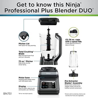 Ninja BN751 Professional Plus DUO Blender, 1400 Peak Watts, 3 Auto-IQ Programs for Smoothies, Frozen Drinks & Nutrient Extractions, 72-oz. Total Crushing Pitcher & (2) 24 oz. To-Go Cups, Black - Image 7