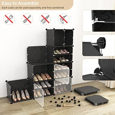 WEXCISE Portable Shoe Rack Organizer with Door, 96 Pairs Shoe Storage Cabinet Easy Assembly, Plastic Adjustable Shoe Storage Organizer Stackable Detachable Free Standing DIY Expandable 12 Tier Black - Image 5