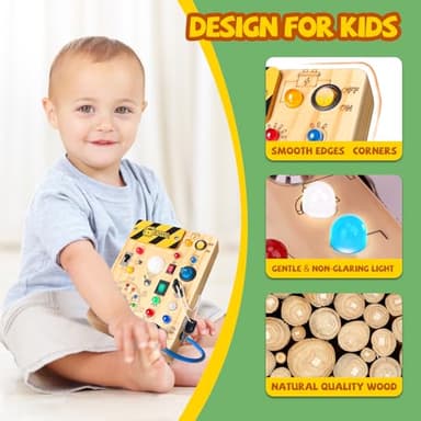 Iabedi Busy Board, Montessori Toy for 1-3 Years Old, Wooden Toddler Sensory Travel Toy, Ideal Gift for 1+ Year Old Boys (Busy Board Plus V2), Medium, Yellow - Image 5