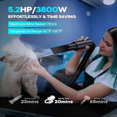EGFKI Dog Dryer, 5.2HP/ 3800W Pet Grooming High Velocity Force Blower with 4 Nozzles, Adjustable Speed and Temperature Dog Hair Dryers for Grooming - Image 2