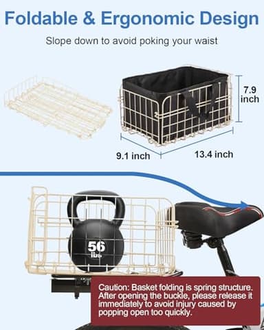 Zacro Bike Basket Rear, Folding Metal Bicycle Basket, Large Quick Release Design Rear Bike Basket, Ebike Basket for Adult Women/Men Carrying Dogs, Pets, Fruit & Grocery, Beige - Image 3