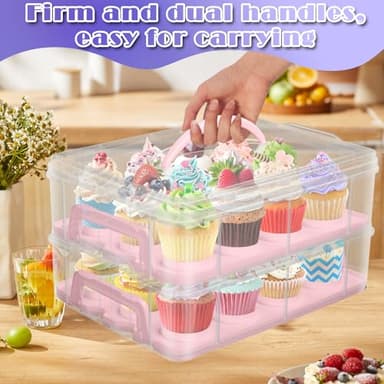 Jellydog Toy Cake Carrier with Lid, Two Tier Handle Cupcake Carrier, Stackable Cupcake Holder Container for 24 Cupcakes, Cake Carrier with Trays, Dessert Container for Cake Pie Muffin Cobbler, Pink - Image 2