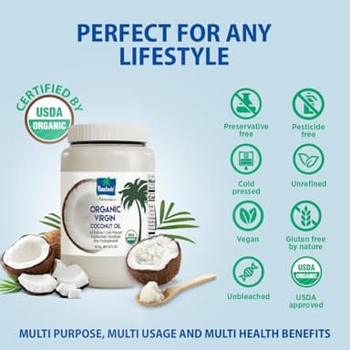 "Parachute Naturalz Organic Virgin Coconut Oil | Cooking Oil, Hair Oil, Body Oil & Oil Pulling | Cold Pressed | Unbleached | Unrefined | Non-Hydrogenated | MCT Oil | USDA Certified | 49 fl oz | Plastic Jar" - Image 7