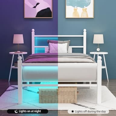 Gohapnis Twin Bed Frames with Headboard and Footboard,White Metal Platform Bed Frame with RGB LED Lights and USB Charging Station,Under Bed Storage,No Box Spring Needed,Suitable for Bedrooms - Image 5