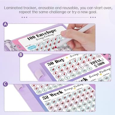 Sooez 100 Envelopes Money Saving Challenge, Savings Challenges Book with Envelopes & Challenge Tracker, Motivational Process to Save $5050, Money Saving Binder 100 Pocket Pre-numbered, Purple - Image 4