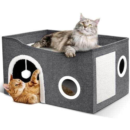 Heeyoo Cat House for Indoor Cats - Large Cat Bed Cave with Fluffy Ball and Scratch Pad, Foldable Cats Houses & Condos, Cat Hideaway, Covered Kitty Bed for Multi Small Large Kitty, 23.8x15.9x13.2 Inch - Image 1