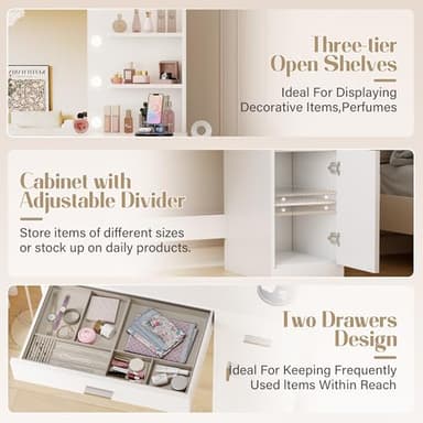 JUMMICO 35.4" Vanity Desk with LED Mirror & Power Outlet, Makeup Vanity Table with 3 Open Storage Shelves, Drawers and Cabinet, 3 Model Adjustable Lights for Bedroom & Dressing Room (White) - Image 5