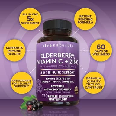 Viva Naturals Elderberry with Vitamin C and Zinc for Adults - 5 in 1 Sambucus Black Elderberry Capsules with Vitamin D3 5000 IU Immunity Supplement, Sambucus Elderberry Immune Support Supplement - Image 5