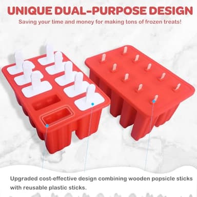 Miaowoof Homemade Popsicle Molds, 10-Cav Non-BPA Silicone Ice Pop Maker, with 50 Sticks, 50 Bags, 10 Reusable Sticks, Funnel, Brush and Ice Pop Recipe (Red) - Image 2
