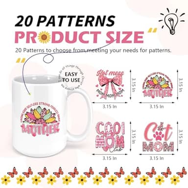 AFRITEE Mama UV DTF Decals - 20 Sheets Best Mom Ever Uvdtf Tumbler Wraps for 16 oz Glass Water Bottle, Pink Bows Flower Waterproof Transfer Stickers DIY Mug Guitar Diary Decor for Mothers Day Gifts - Image 4