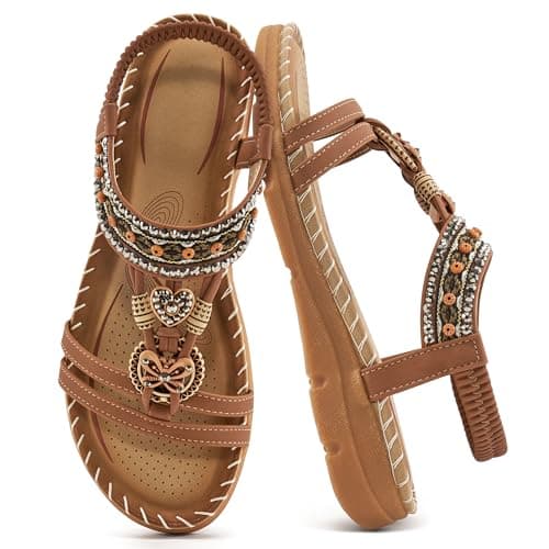 Aomigoct Sandals Women Flat Shoes: Dressy Summer Bohemian Flats Shoes for Women Sandals Comfortable Ankle Strap Outdoor Walking - Image 1