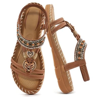 Aomigoct Sandals Women Flat Shoes: Dressy Summer Bohemian Flats Shoes for Women Sandals Comfortable Ankle Strap Outdoor Walking - Image 1