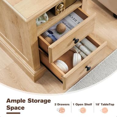 T4TREAM Nightstand with Charging Station, 18 Inch Vintage End Table with 2 Drawers, Wood Rustic Sofa Side Table with Open Storage Shelf for Bedroom, Living Room, Natural Oak - Image 4