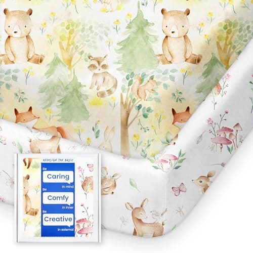 TotBasic Mini Crib Sheets 24x38, Ultra Soft Pack N Play Sheets Fitted Boy Girl, Neutral Pack and Play Mattress Sheets, Premium Jersey Knit Portable Crib Sheets Hypoallergenic, Forest Bear & Deer - Image 1