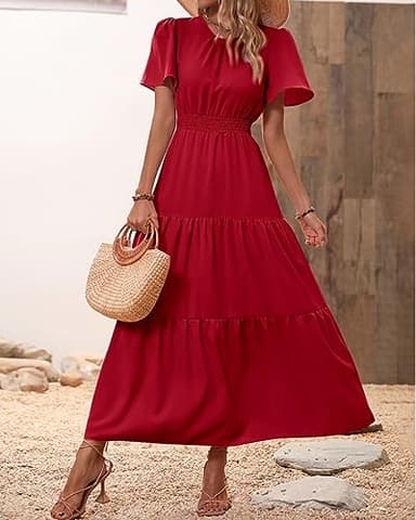 PRETTYGARDEN Women's Summer Casual Short Flutter Sleeve Round Neck Smocked Waist Tiered Boho Floral Flowy Maxi Dress(Solid Red,X-Large) - Image 7