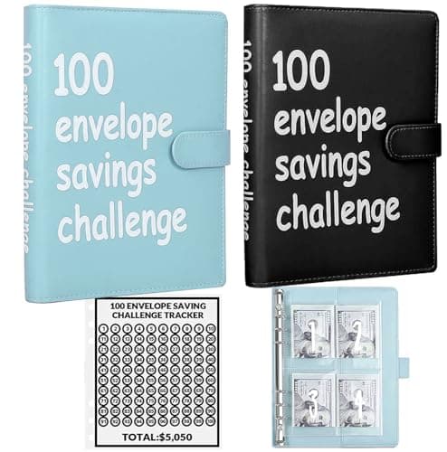 2PCS 100 Envelopes Money Saving Challenge, Envelopes Challenge Binder, Achieving Financial Goals with a Budget Binder and Cash Envelopes, Successfully Reach Your Savings Goals of $5,050 (Blue+Black)