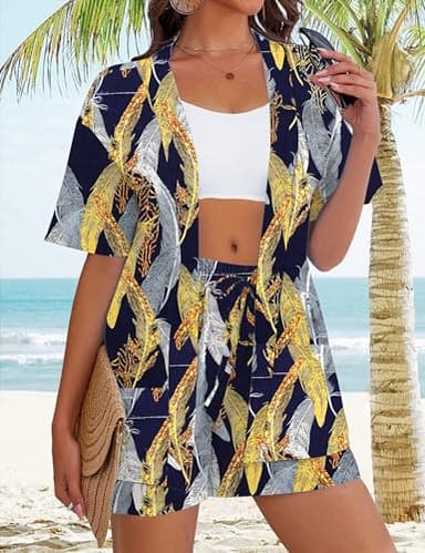 REDHOTYPE Women's Vacation Outfits Cover Ups Tropical Print Shorts Sets Hawaiian Summer Beachwear Blue Tropical M - Image 2