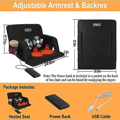 Heated Massage Reclining Stadium Seat, 25 Inch Bleacher Chair with 10000mAh Portable Bank, 6 Reclining Positions for Camping, Games & Sports - Image 2