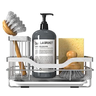 Vanwood Kitchen Sink Caddy Organizer Sponge Holder for Kitchen Sink, Rustproof Dish Soap Sponge Caddy for Counter with Detachable Brush Holder & Drain Tray - Storage Home & Cocina Accesorios, SILVER - Image 8