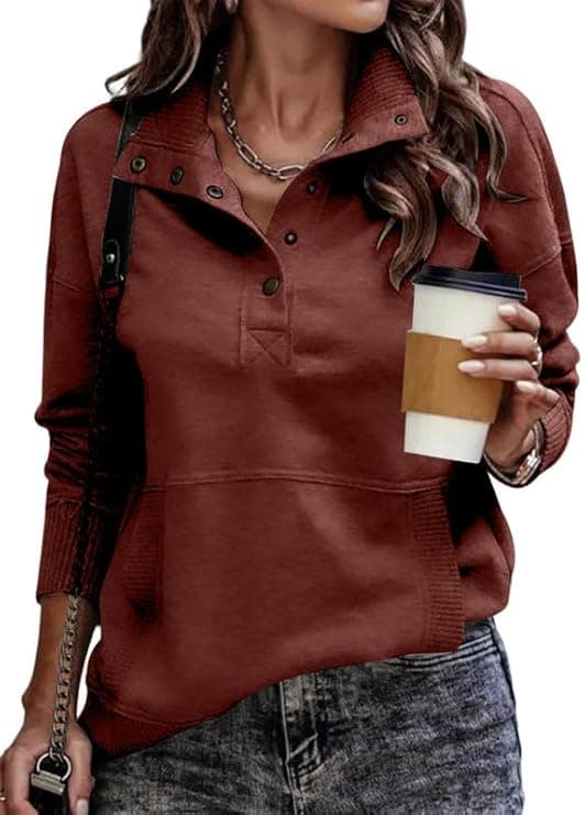 SHEWIN Women's Casual Long Sleeve Stand Neck Sweatshirt Lightweight Button Drawstring Pullover Tops - Image 1