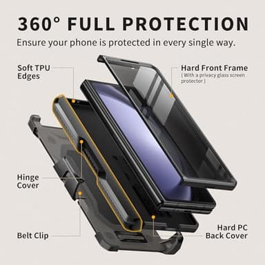 TONGATE for Z Fold 5 Case, [with S Pen Slot & Hinge Protection] [Privacy Glass Screen Protector] Full-Body Military Drop Phone Case for Samsung Galaxy Z Fold 5 with Kickstand & Belt Clip, Black - Image 4