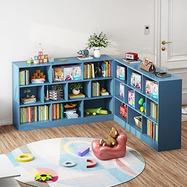 IOTXY Open Shelf Low Bookcase - Wooden 3-Tier Floor Standing Display Cabinet Organizer with Base, 10 Cubes Short Horizontal Bookshelf in Bright Blue - Image 7