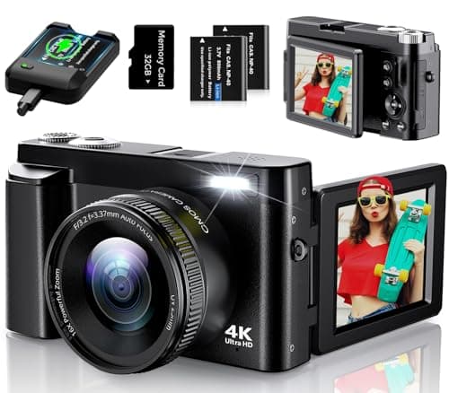 4K Digital Camera for Photography, UHD Autofocus 48MP 180° Flip Screen 16X Zoom Compact Point Shoot Vlogging Camera for YouTube with 2 Batteries, 32GB Card (Black) - Image 1