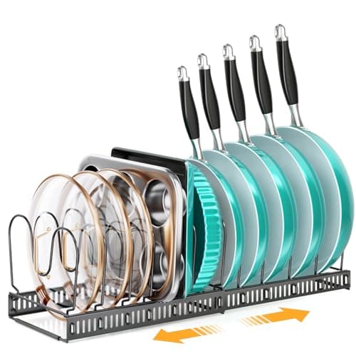 MUDEELA Expandable Pots and Pans Organizer Rack under Cabinet, Pots Lid Organizer Rack for Kitchen Cabinet Organizers and Storage with 12 Adjustable Dividers Cutting Board Holder & Anti-Scratch Strips - Image 1