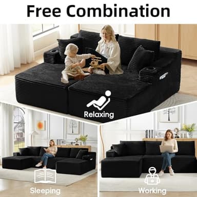 134 Inch Cloud Sectional Couch for Living Room,Corduroy Boneless Couches with L-Shape Chaise,Modern Modular Sectional Sofa with Deep Seat,No Assembly Required (Black, U-Shaped Sofa) - Image 7