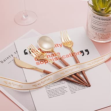 Lullaby 120PCS Gold Plastic Silverware, Gold Disposable Cutlery with Wood Grain Handle Include 40 Forks, 40 Spoons, 40 Knives, Elegant Disposable Silverware for Wedding, Party, Gathering, Daily Use - Image 5