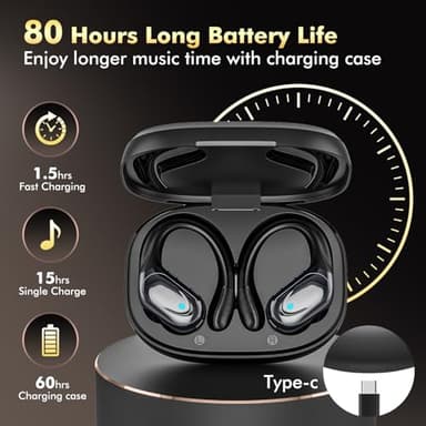Catitru Wireless Earbuds Bluetooth Headphones 80H Playback Ear Buds Power Display with Noise Canceling Mic with Earhooks for Sports/Workout - Black - Image 2