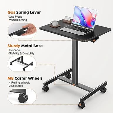 Sweetcrispy Mobile Small Standing Desk - Sit Stand Portable Rolling Laptop Desk with Lockable Wheels, Adjustable Height Computer Workstations, Modern Black - Image 5