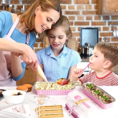 Gyreuni Loaf Baking Pans with Set- 50Pack Pink Mini Cake Pans with and Spoons＆Sticker,10 Piping Bags＆11yd Ribbon,Aluminum cake tins with lids for Cheesecake and Small Cake Container - Image 2