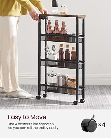 VASAGLE Slim Rolling Cart, 4-Tier Narrow Storage Cart with Handle, 5.1 Inches Deep, Metal Frame, for Kitchen, Dining Room, Living Room, Home Office, Rustic Brown and Classic Black ULRC032B01V1 - Image 4