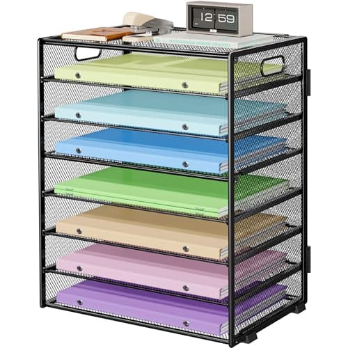 Biciyarn 8 Tier Paper Organizer with Handle, Metal Mesh Desk File Organizer, Large Capacity Desk Organizers Paper Letter Tray Desktop Document Sorter for Office, Home or School - Black - Image 1