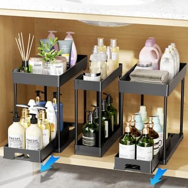 Delamu 3 Pack Under Sink Organizers and Storage, 2 Tier Black Bathroom Cabinet Organizer, Multi-Use Kitchen Bathroom Organizers and Storage, Under Counter Organizer with Hooks - Image 1