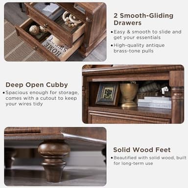 T4TREAM 24'' Farmhouse End Table w/4 Solid Wood Feet, Large 2 Drawers Wide Sofa Side Table with Charging Station, Tall Rustic Wood Square Nightstand for Living Room, Bedroom, Office,Reclaimed Barnwood - Image 4