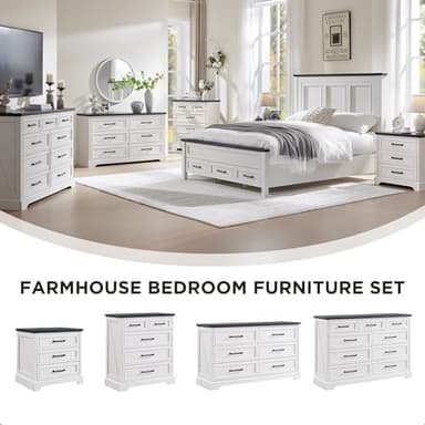 ACCOHOHO Farmhouse King Size Bed Frame with 52" Tall Headboard, Wood Platform Bedframe with Footboard and Storage Drawers, No Squeak, No Box Spring Needed, White - Image 6