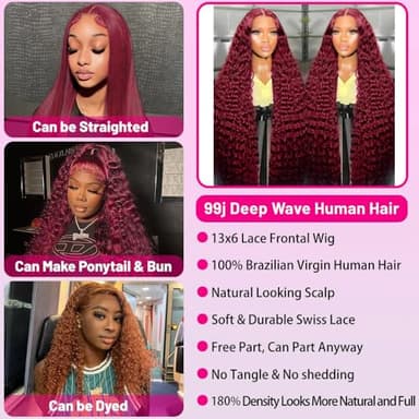 UTracycoy 99j Burgundy Wig Human Hair 13x6 Deep Wave Lace Front Wigs Human Hair 180 Density Red Colored Wigs Human Hair for Black Women Burgundy Deep Curly Lace Frontal Wigs (30 Inch) - Image 4