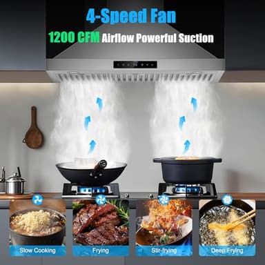 36 inch Wall Mount Range Hood, 1200 CFM with 4-Speed Gesture Sensing & Touch Control, Stainless Steel Kitchen Stove Vent Hoods with 2 LED Lights, Time Setting, Dishwasher-Safe Baffle Filters - Image 3