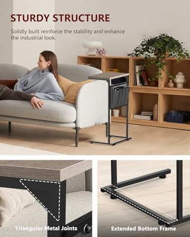Vantic C Shaped End Table, Small Side Table for Couch and Recliner, Slide Under Sofa Tray Desk with Storage Bag for Living Room and Bedroom, Greige - Image 8