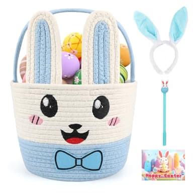 Easter Bunny Basket for Kids, Large Capacity Easter Egg Fillable Basket with Handle, Bunny Ears Colorful Woven Baskets for Boys, Girls, and Babies, Perfect for Easter Egg Hunts, Party, and Gift Giving - Image 1