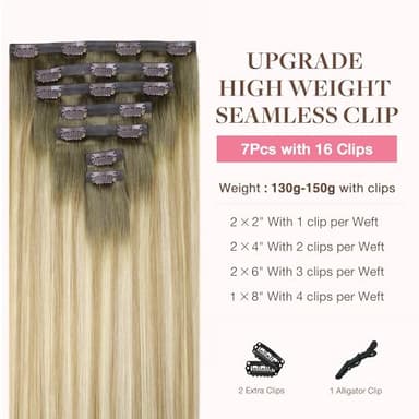 GOO GOO Clip in Hair Extensions Real Human Hair, Remy Human Hair Extensions Clip ins for Women, Natural Human Hair, 22inch 150g 7Pcs, 5A/90/16F Bahamian Balayage - Image 2