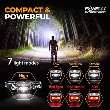 Foxelli LED Headlamp Flashlight for Adults & Kids, Running, Camping, Hiking Head Lamp with White & Red Light, Comfortable Headband, Lightweight & Waterproof, 3 AAA Batteries - Image 3